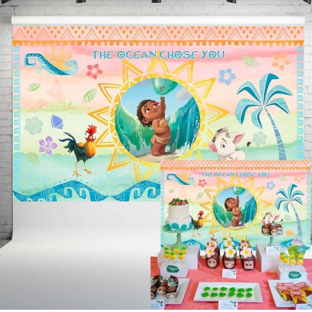 Moana-Themed Party Backdrop - Pink & Aqua
